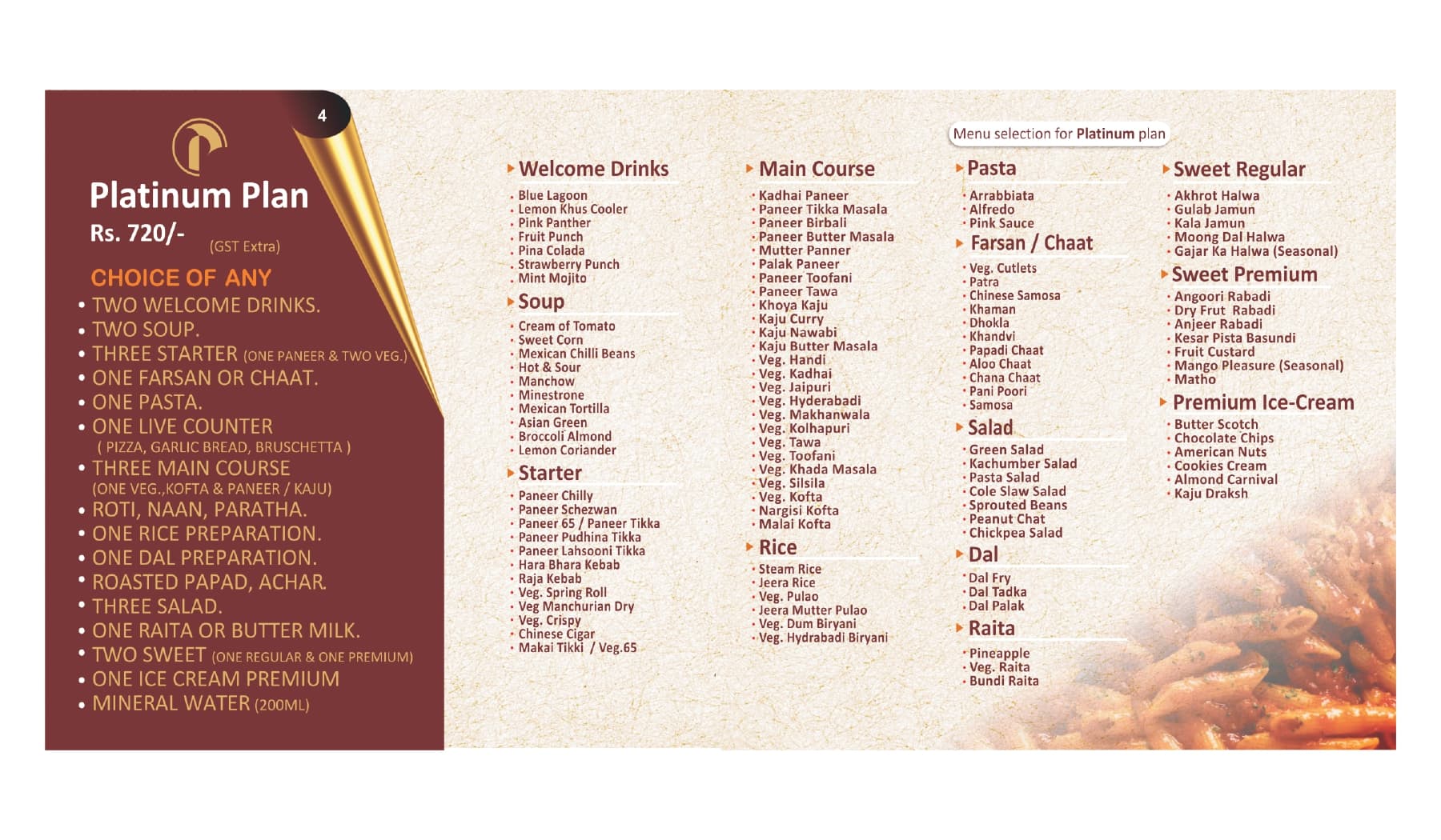 Platinum Plan menu preview